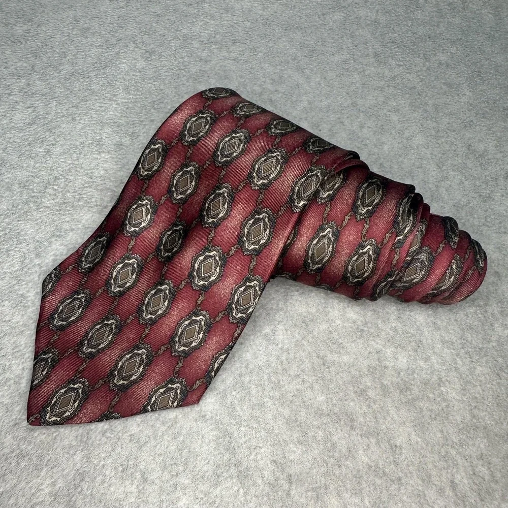 Henry Grethel Tie Mens One‎ Size Burgundy Silk Geometric Medallion Made in USA